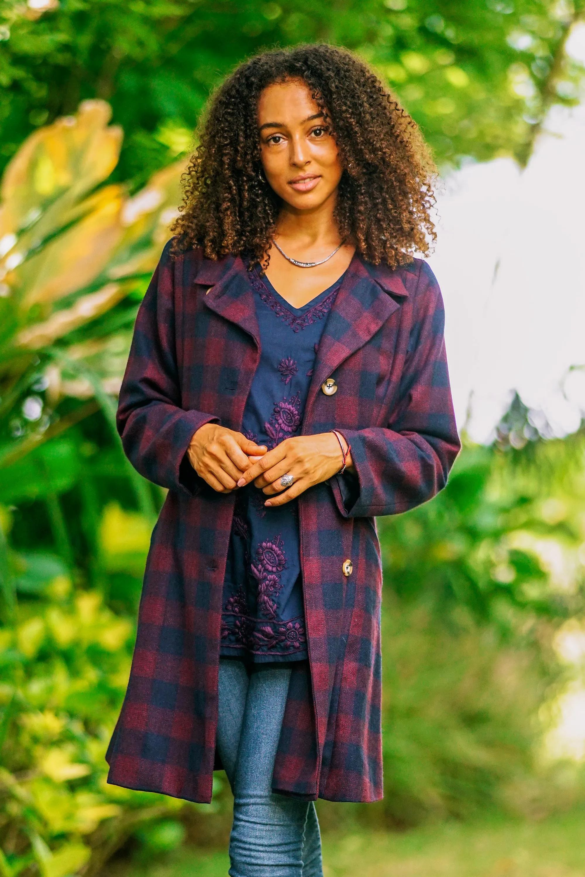 Wine and Navy Check Wool Blend Car Coat - Jaipur Classic | NOVICA