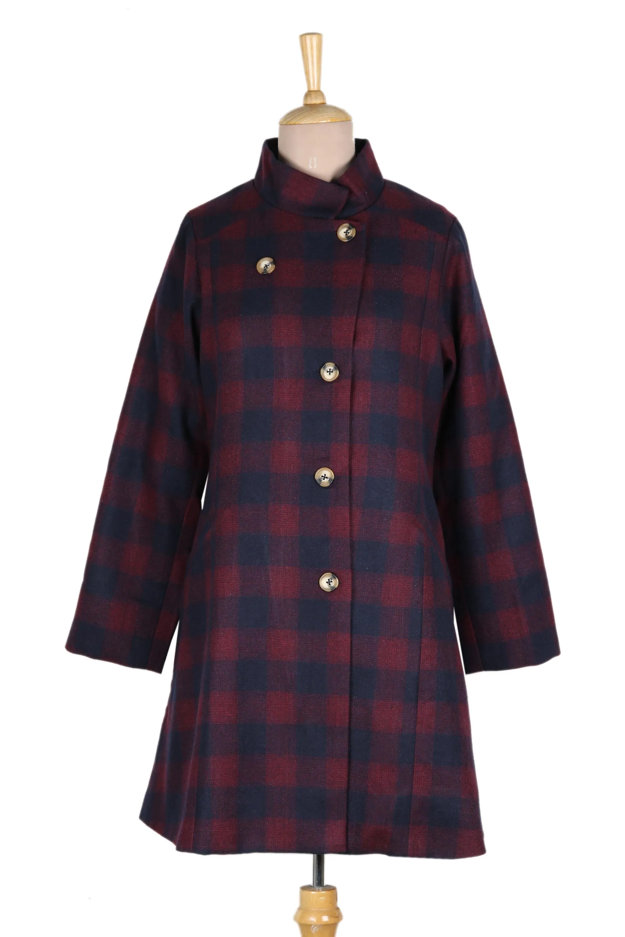 Wine and Navy Check Wool Blend Car Coat - Jaipur Classic | NOVICA