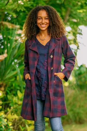 Wine and Navy Check Wool Blend Car Coat - Jaipur Classic | NOVICA