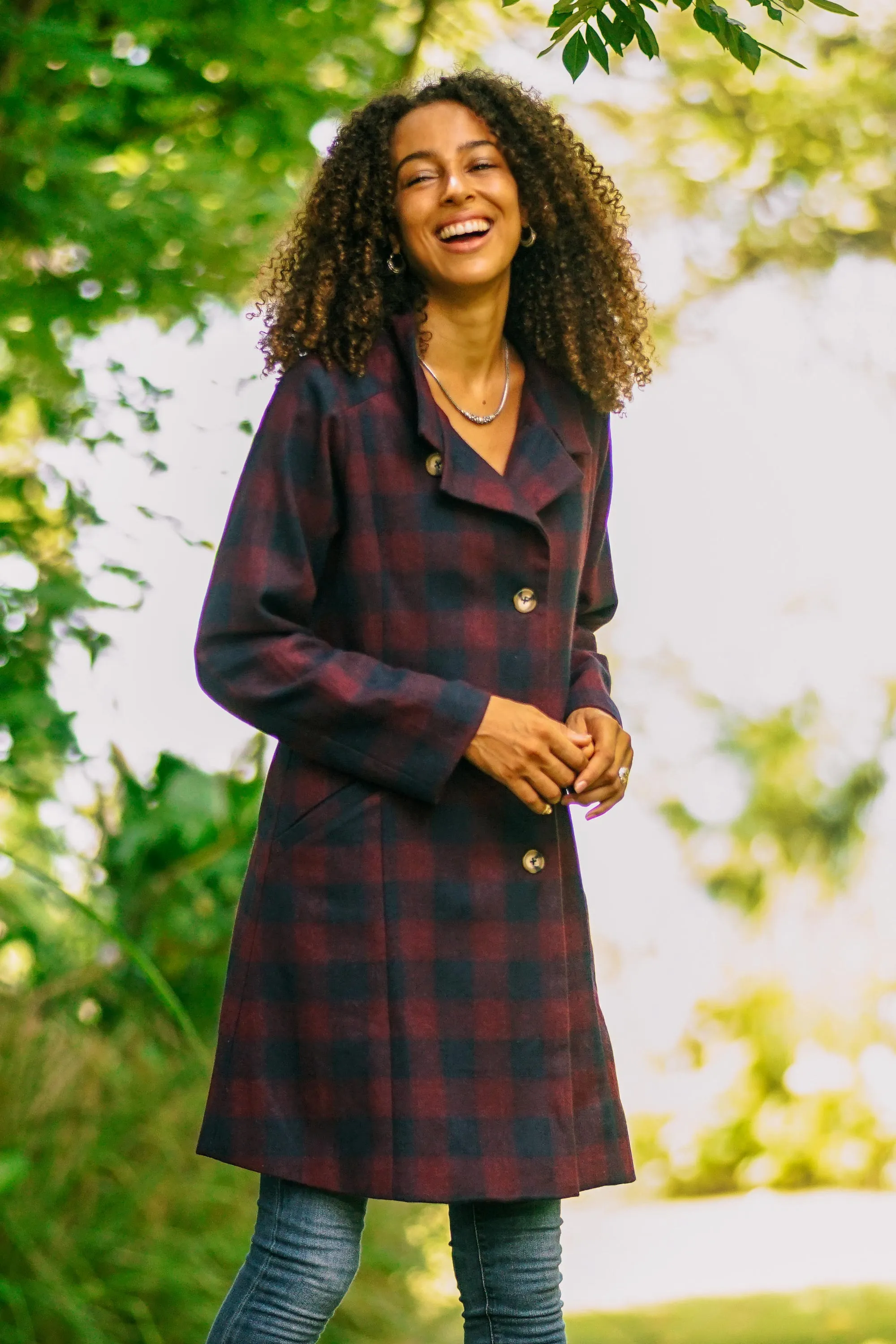 Wine and Navy Check Wool Blend Car Coat - Jaipur Classic | NOVICA