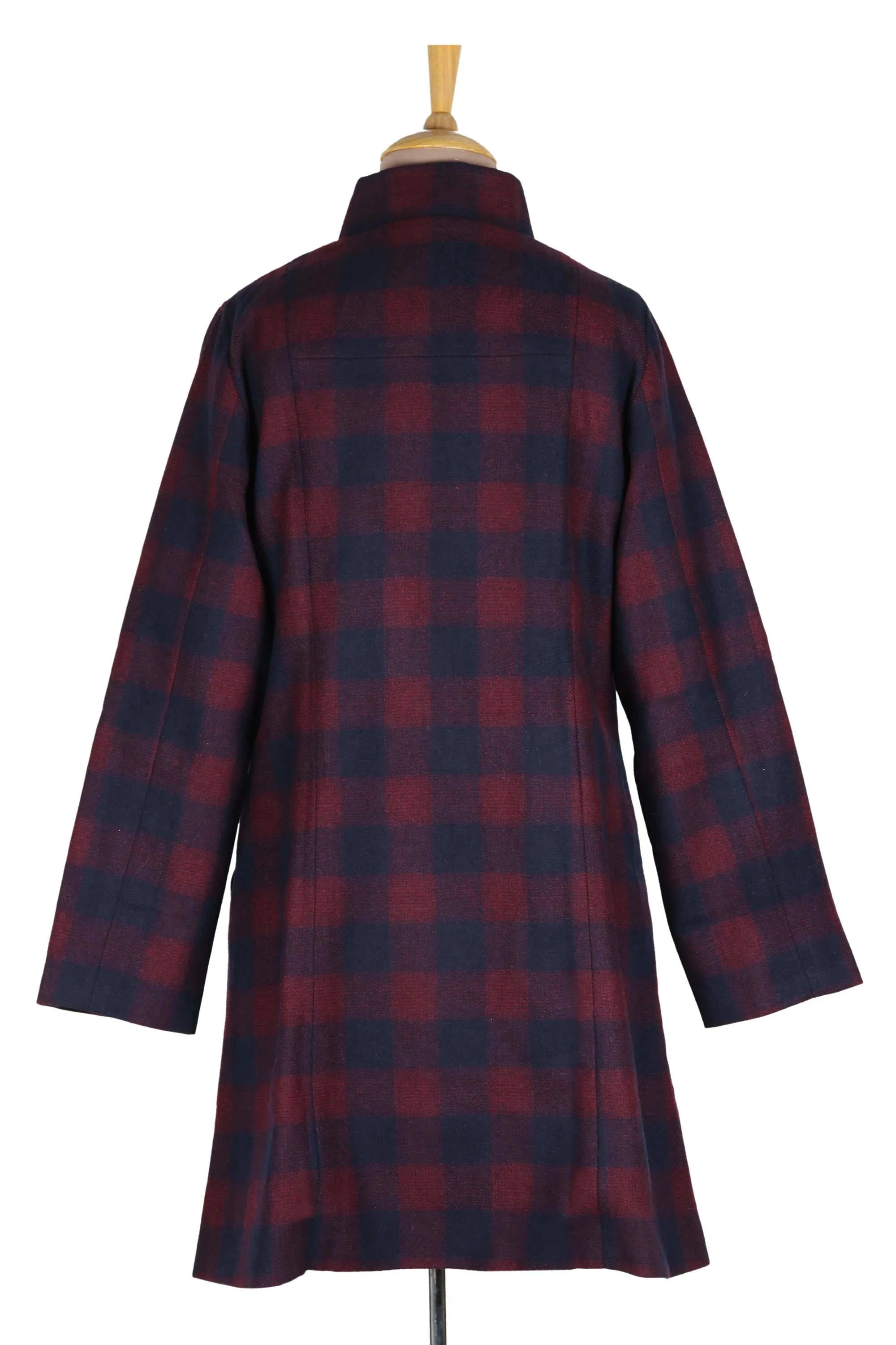 Wine and Navy Check Wool Blend Car Coat - Jaipur Classic | NOVICA