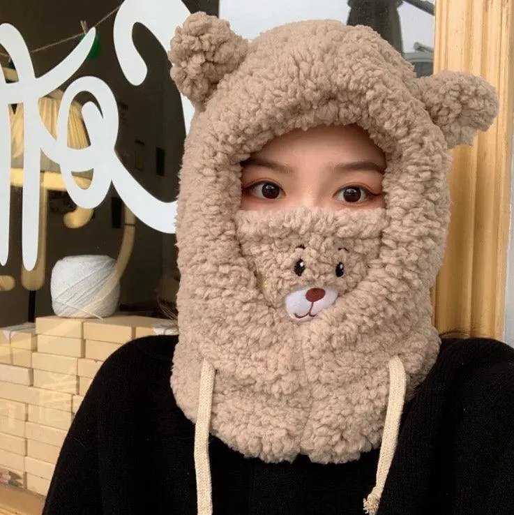 Winter Cute Bear Ears Warm Hat Women Beanies Windproof Cap Student Velvet Warm Neck Scarf Hat