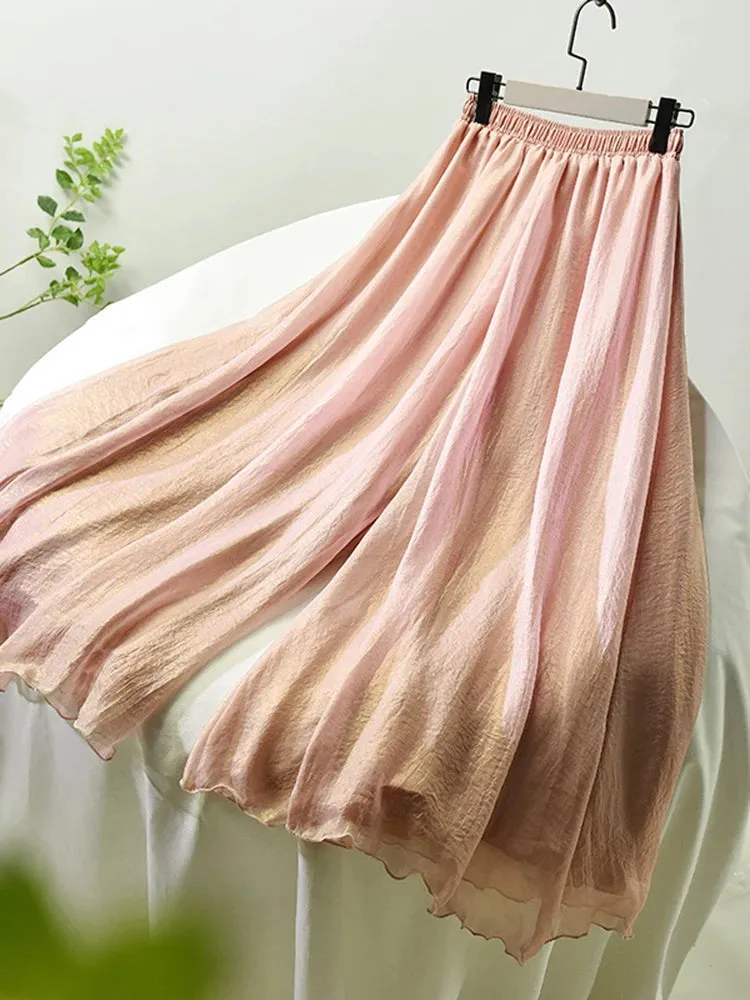 Women Elegant Solid Chiffon Pants Korean High Waist Two Layer Wide Leg Pant Long Boho Shiny Trousers Female C-078