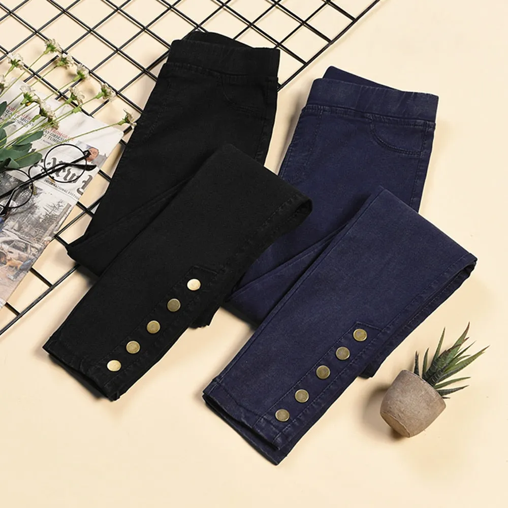 Women Imitation Denim Pencil Pants Stretch High Waist Pants With Buttons Plus Size Skinny Leggings Female Casual Pants Trousers