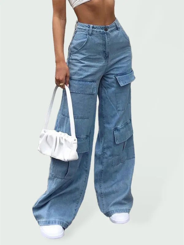 Women's Denim Multi Pocket Loose Casual Cargo Pants