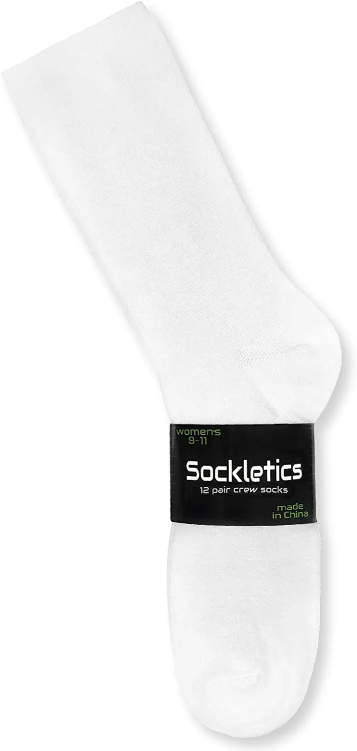 Women's White Crew Socks by Sockletics - 12 Pack of Comfort and Style