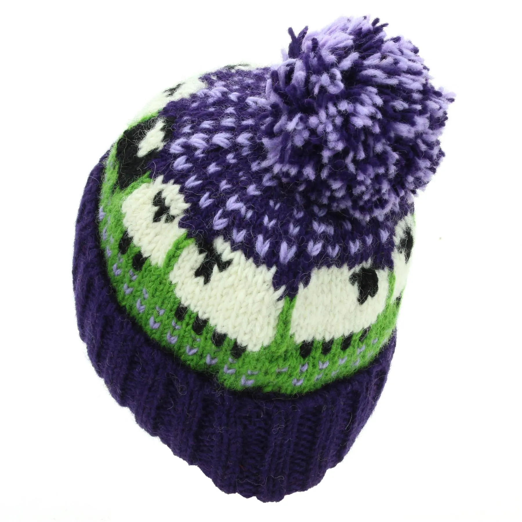 Wool Knit Bobble Beanie Hat - Sheep - Green Purple