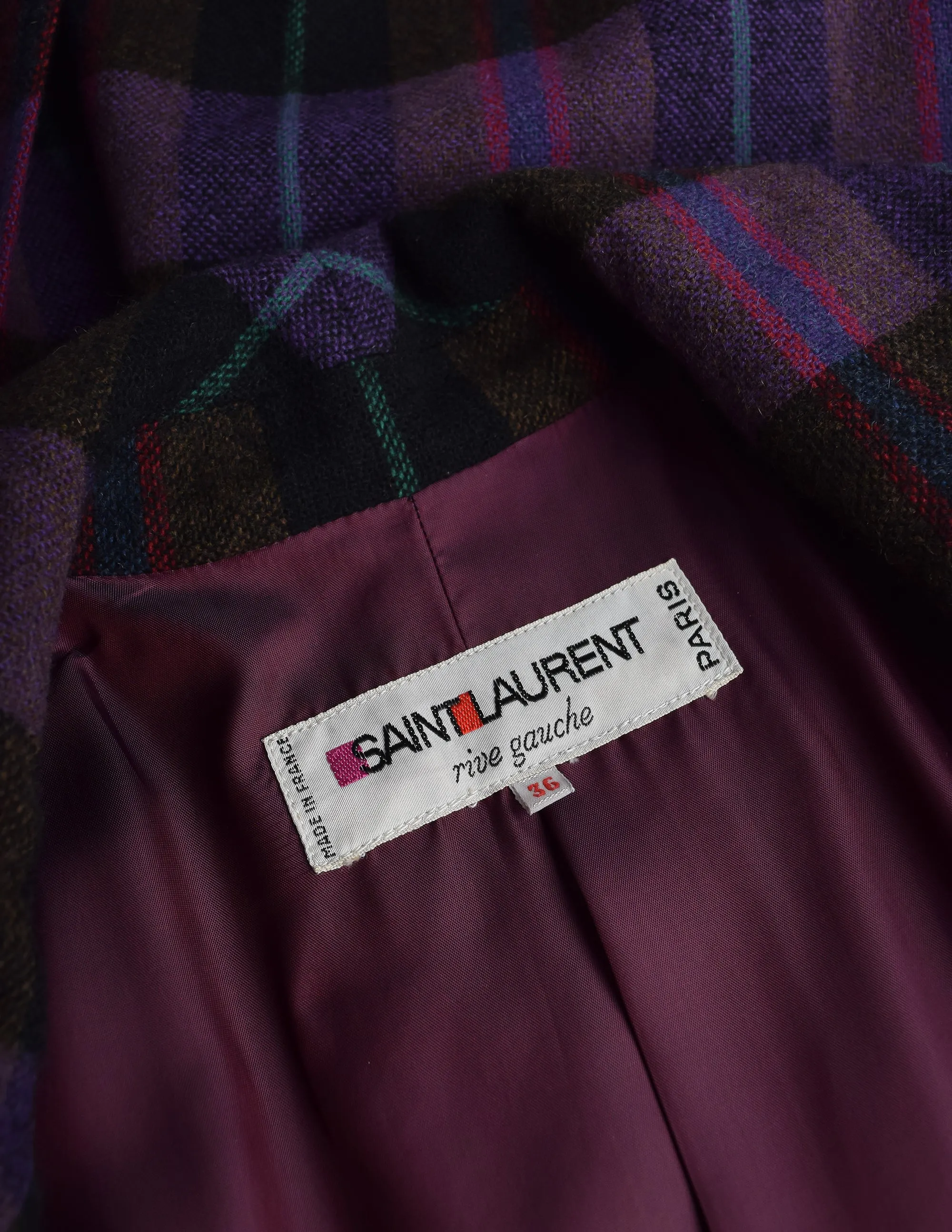 Yves Saint Laurent Vintage AW 1980 Purple Plaid Wool Tie Waist Coat