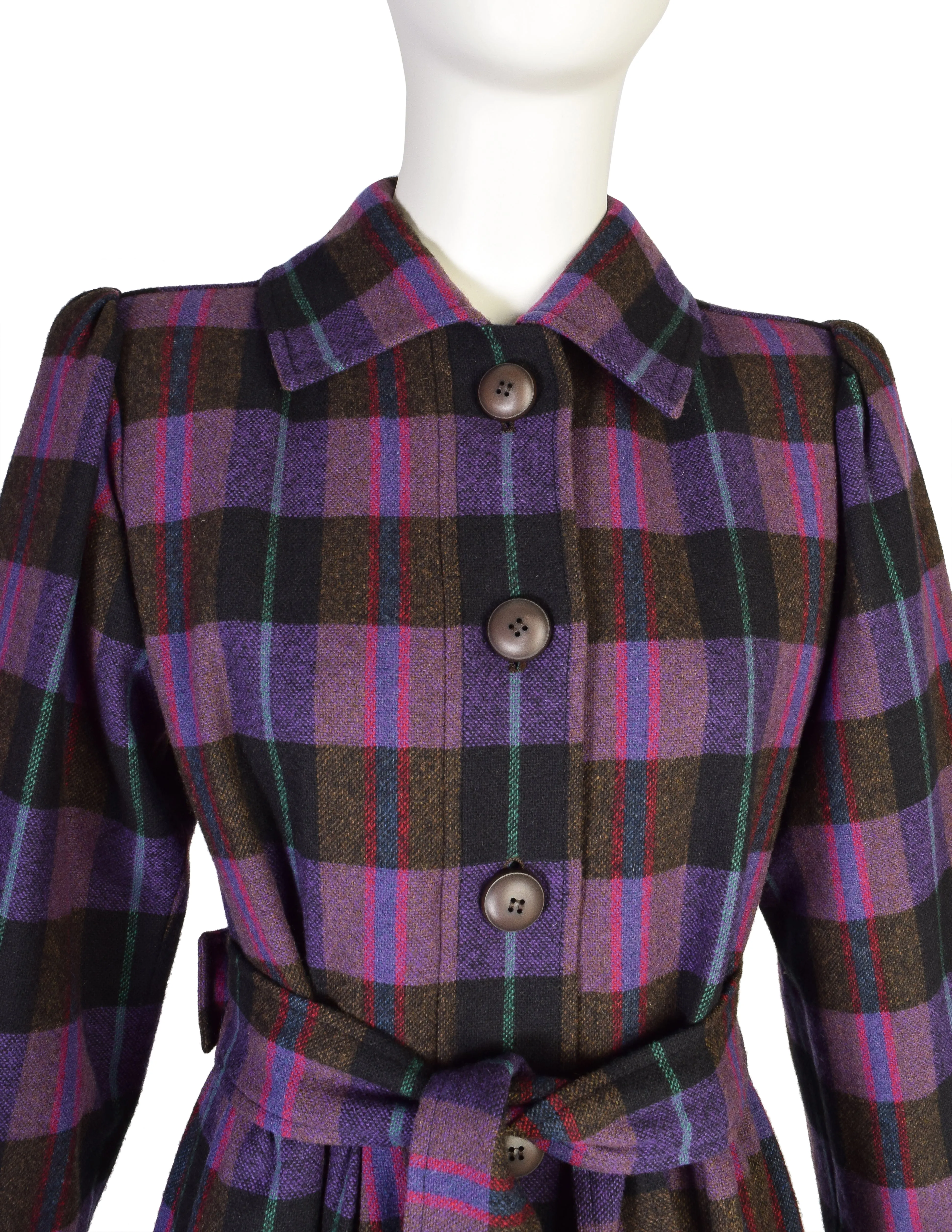 Yves Saint Laurent Vintage AW 1980 Purple Plaid Wool Tie Waist Coat