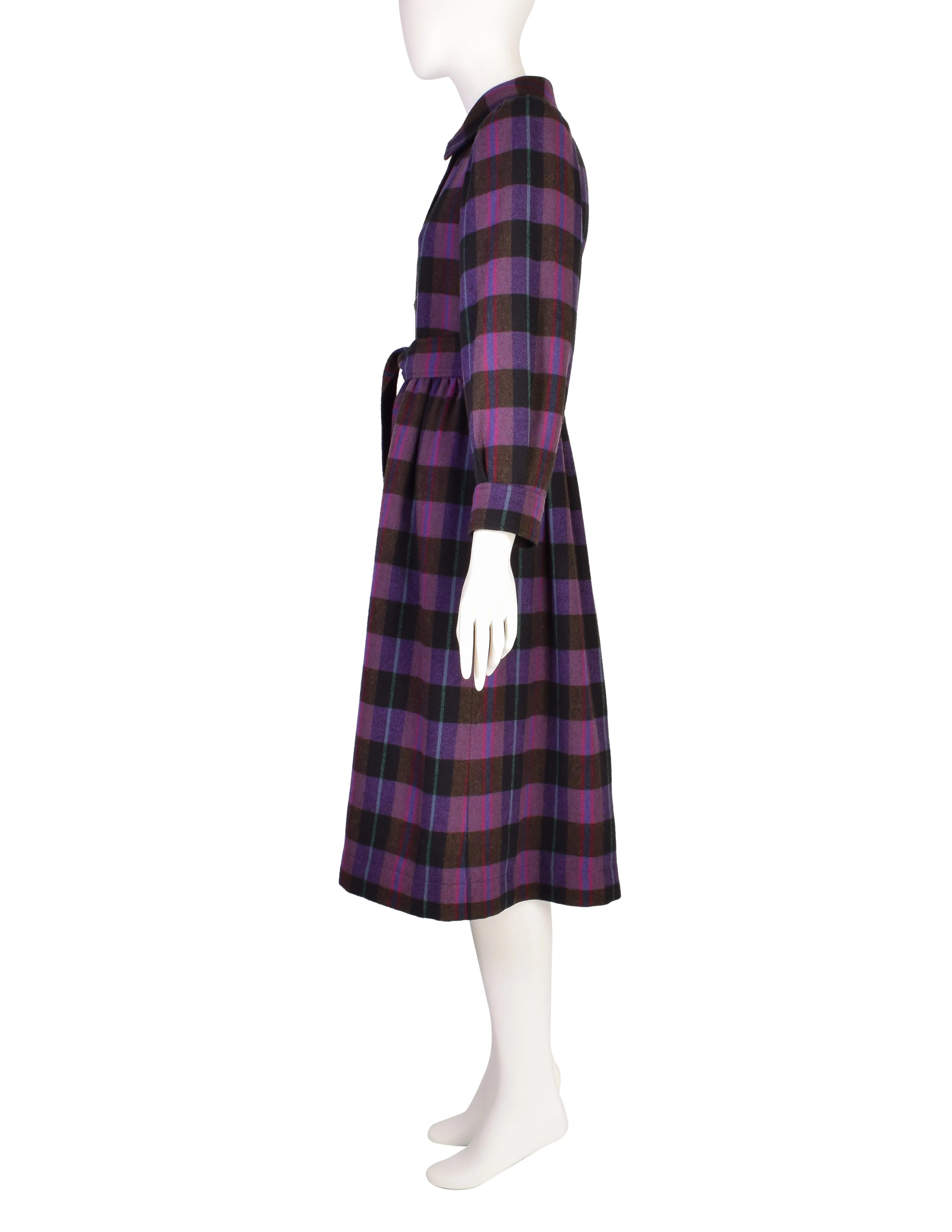 Yves Saint Laurent Vintage AW 1980 Purple Plaid Wool Tie Waist Coat