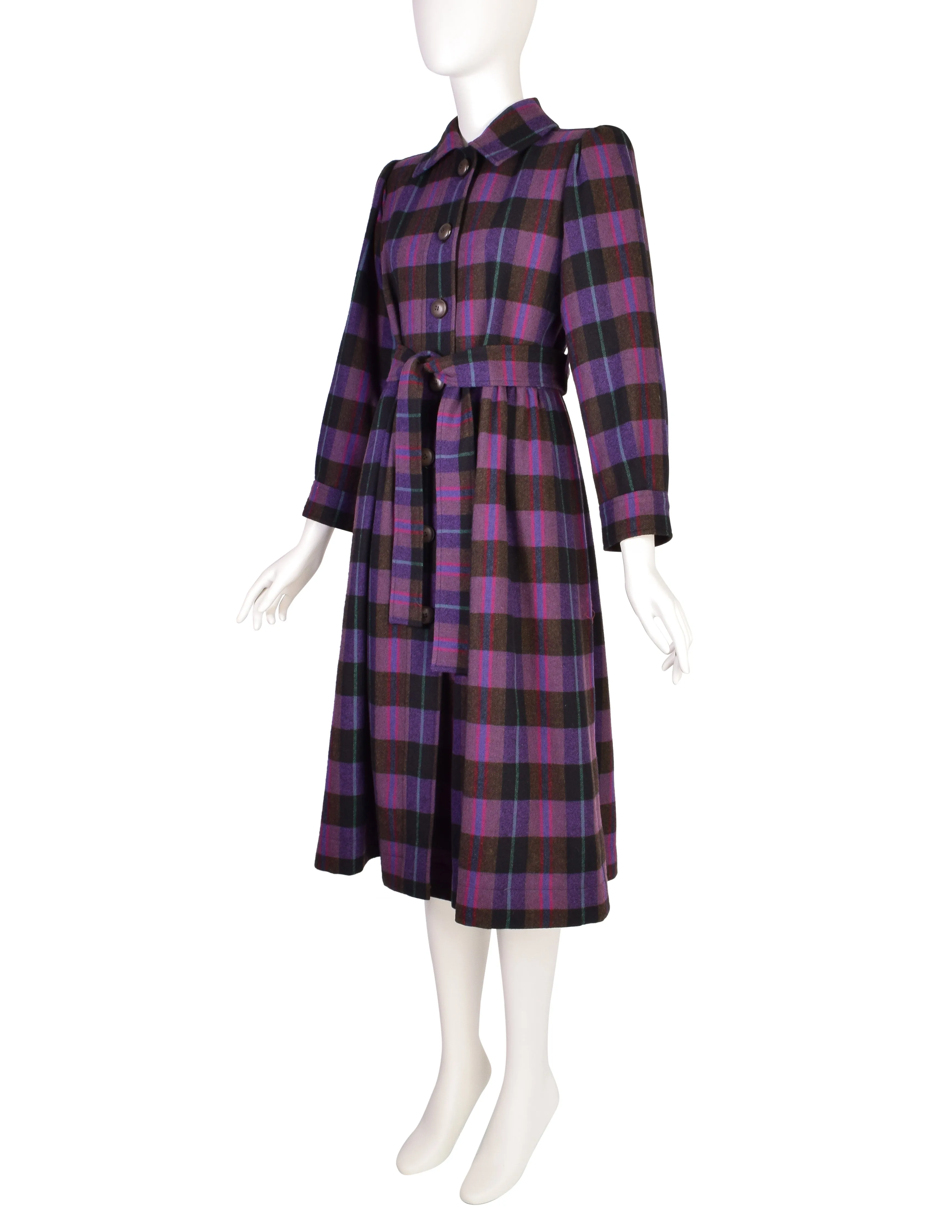 Yves Saint Laurent Vintage AW 1980 Purple Plaid Wool Tie Waist Coat