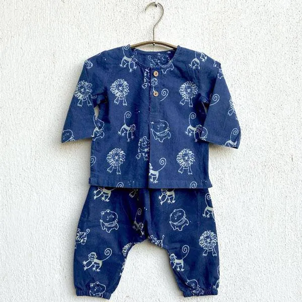 Zoo Print Organic Cotton Indigo Kurta with Pants